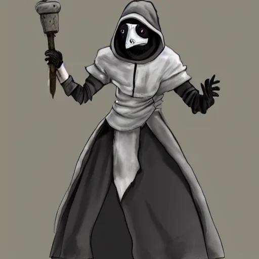 Prompt: female plague doctor donning a black hood, armor and a white crow mask, trending on artstation