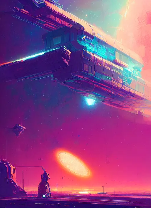 Prompt: starship freighter, greeble, colored nebula by luigi cozzi, by ismail inceoglu