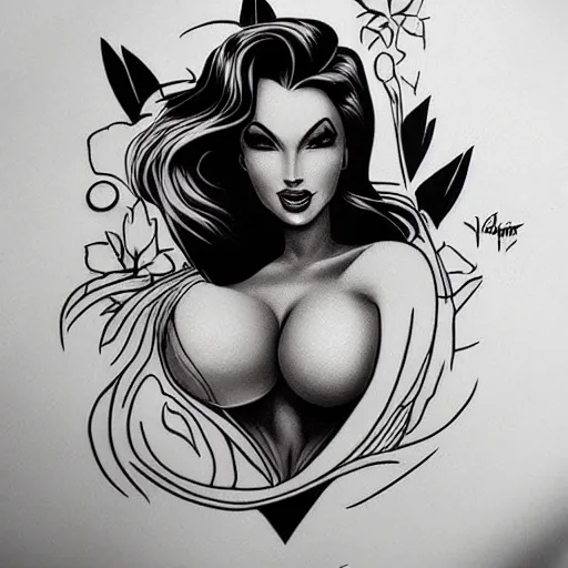 Image similar to tattoo design, stencil, portrait of jessica rabbit by artgerm