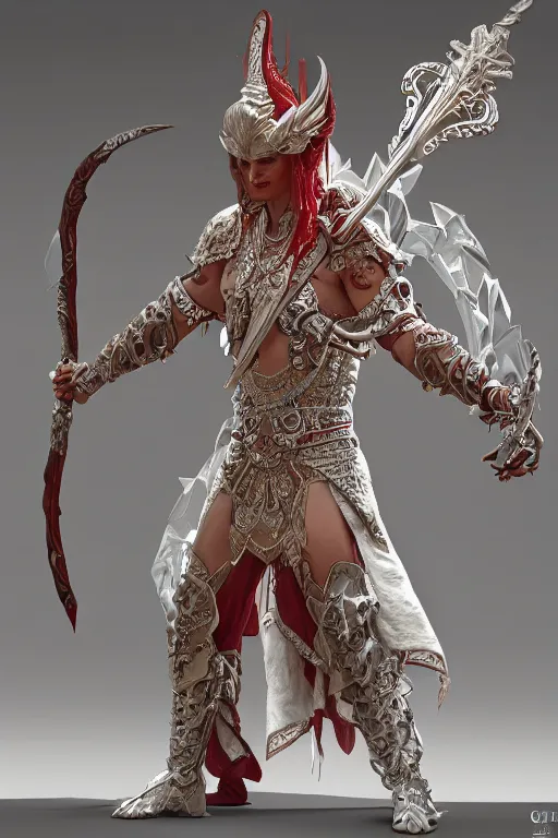 Prompt: beautiful, half - dragon man, in white and opal armor, holding a spear, red intricate long braids, ornate jewelry, by greg rutkowski, alphonse mucha, very detailed, 8 k, unreal engine 5, cinematic