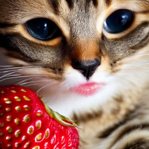 Prompt: a cat with the skin of a strawberry, photo