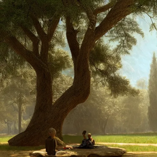 Prompt: a beautiful tall tree growing in the middle of an ancient Victorian library. a child reading a book under a tree in a library. by Albert Bierstadt, ultra-realistic, 4K, featured on artstation