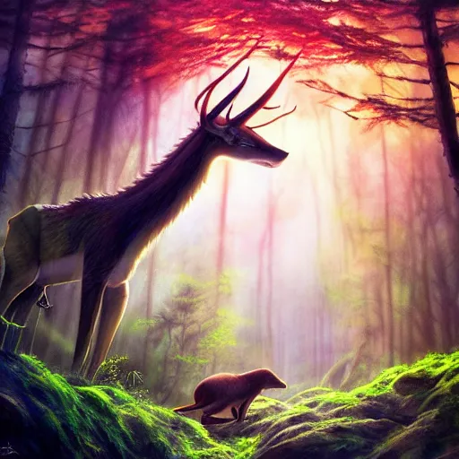 Image similar to animal life in the forest, river stream, predators and prey, vivid colors, realistic photo, environmental lighting, award - winning masterpiece photograph, cinematic view, studio ghibli, artgerm, high detail