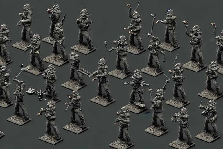 Image similar to isometric toy soldiers, dark landscape, by dan mumford and by alberto giacometti, peter lindbergh, malevich, william stout, zbrush