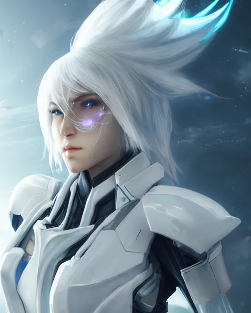 Prompt: perfect white haired girl, warframe armor, beautiful, pretty face, blue eyes, detailed, windy weather, scifi platform, laboratory, experiment, 4 k, ultra realistic, epic lighting, cinematic, high detail, masterpiece, akihito tsukushi