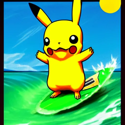 Image similar to pikachu surfing on a wave made of green slime, pokemon tcg image, trending on artstation