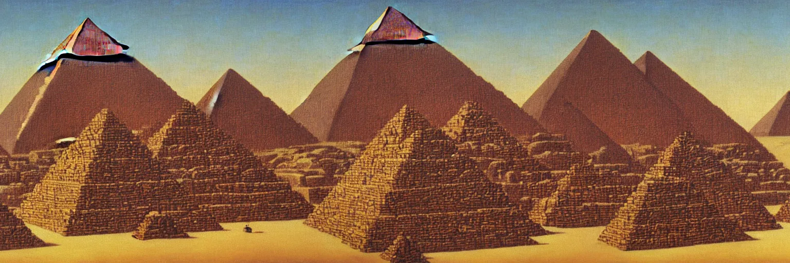 Prompt: pyramids at giza oil painting magritte