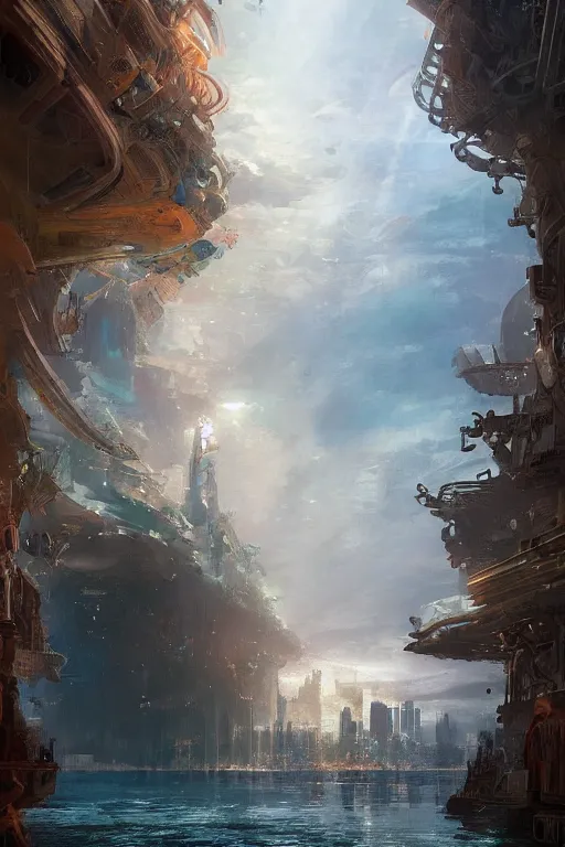 Prompt: magnificent view of the city of atlantis rising on the sea, intricate, elegant, volumetric lighting, digital painting, highly detailed, artstation, sharp focus, illustration, concept art, ruan jia, steve mccurry