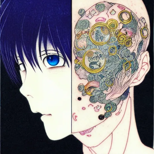 Image similar to prompt: Fragile looking character soft light portrait face drawn by Takato Yamamoto and Katsuhiro Otomo, tattooed face, inspired by Sailor Moon anime, alchemical objects on the side, soft light, intricate detail, intricate gouache painting detail, sharp high detail, manga and anime 2010
