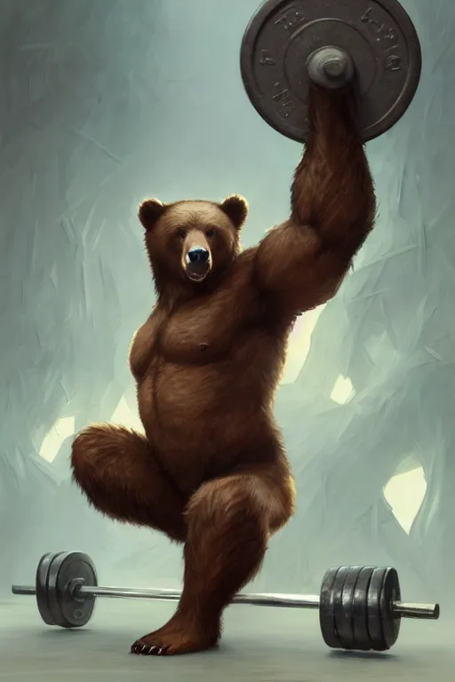 Image similar to anthro bear lifting weights, dim dingy gym, dynamic pose, fantasy, intricate, elegant, highly detailed, digital painting, artstation, concept art, matte, sharp focus, illustration, art by artgerm and greg rutkowski and alphonse mucha