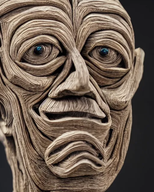 Prompt: studio shot of an intricate wood twisting statue, surreal face sculpture, intricate mathematical shape, professional, textured wood, scratched metal, well lit professional photo, chromatic, HD photography, 4k