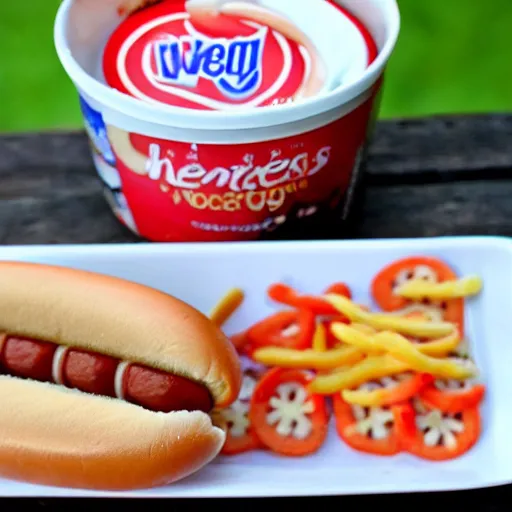 Image similar to hot dogs and yogurt is a messy meal