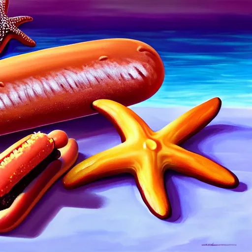 Prompt: chocolate starfish and the hot dog flavored water, oil painting, modern, hyper realism, artstation, unreal engine, 4 k, ultra detail, ultra quality