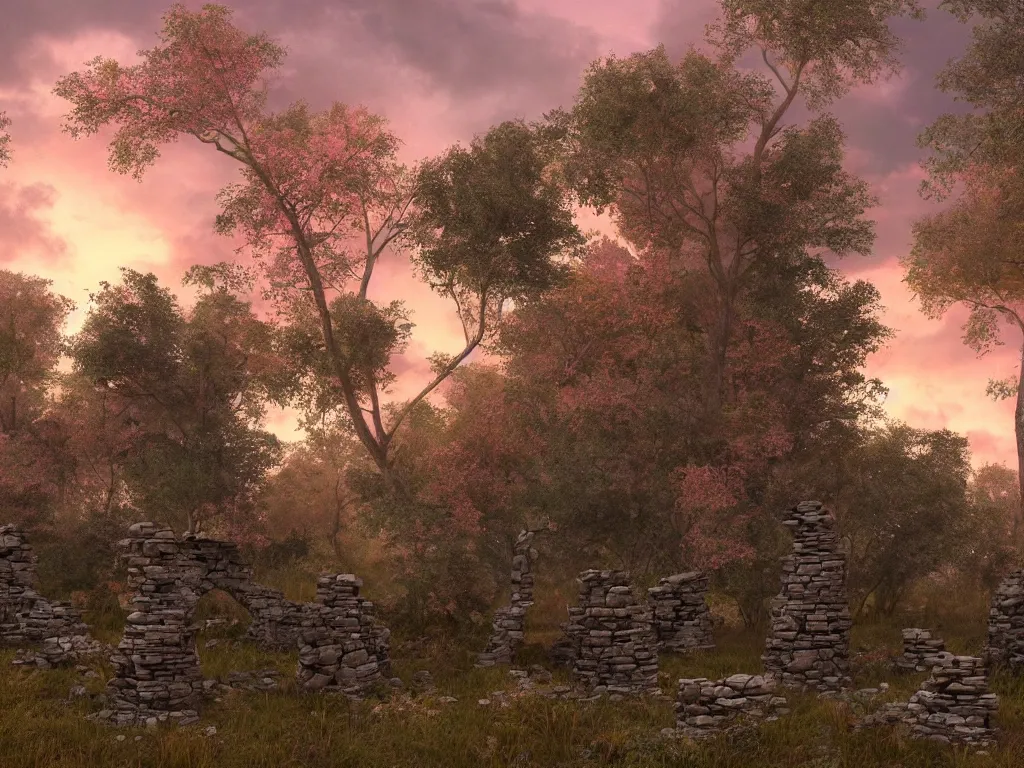 Image similar to ruins of megalithic structures in a woodland, evening mood, pink clouds in the evening sky, by clive madgwick, artstation, octane render