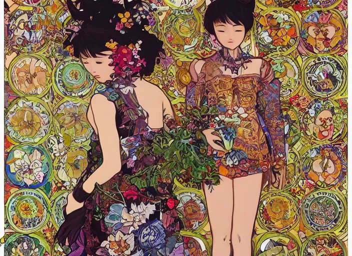 Image similar to !!! very coherent!!! oil painting, beautiful floralpunk iban bio mechanical full body girl female illustration detailed patterns art of sarawak traditional dress, flower pop art, floral splash painting, art by ashley wood, alphonse mucha, makoto shinkai, geof darrow, dark shadow