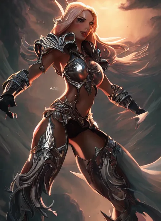 Image similar to poster!! beautiful new female character for league of legends, character concept art, action pose, illustration, full body armor, steel plating, huge weapon, super powers, athletic, symmetry, intricate design, shiny, highly detailed, hd, dramatic lighting, art by artgerm and greg rutkowski