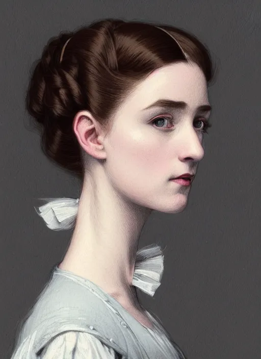 Image similar to a portrait of a young irish woman with a crooked nose in victorian clothing, confident pose, intricate, elegant, sharp focus, illustration, highly detailed, concept art, matte, trending on artstation, anime, art by james jean and artgerm and brian despain and alberto mielgo, greg rutkowski, wlop, ilya kuvshinov, strong strokes