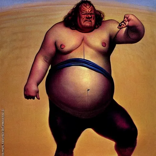 Image similar to dynamic upper body portrait of wrestler giant haystacks as baron harkonnen in 1982 movie dune, by norman rockwell and boris vallejo