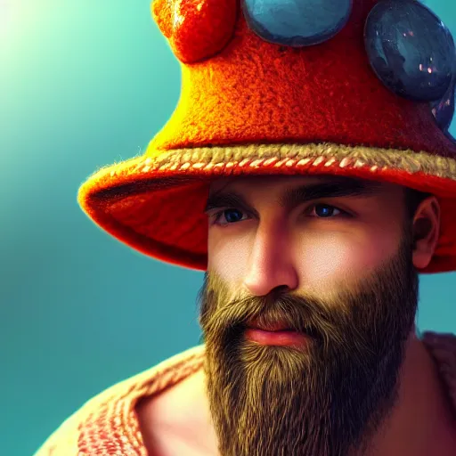 Prompt: highly detailed close up portrait of a bearded man in a mushroom hat, studio lightning, bright colors, intricate, masterpiece, photorealistic, hiperrealistic, sharp focus, high contrast, Artstation HQ, DeviantArt trending, 4k UHD, Unreal Engine 5