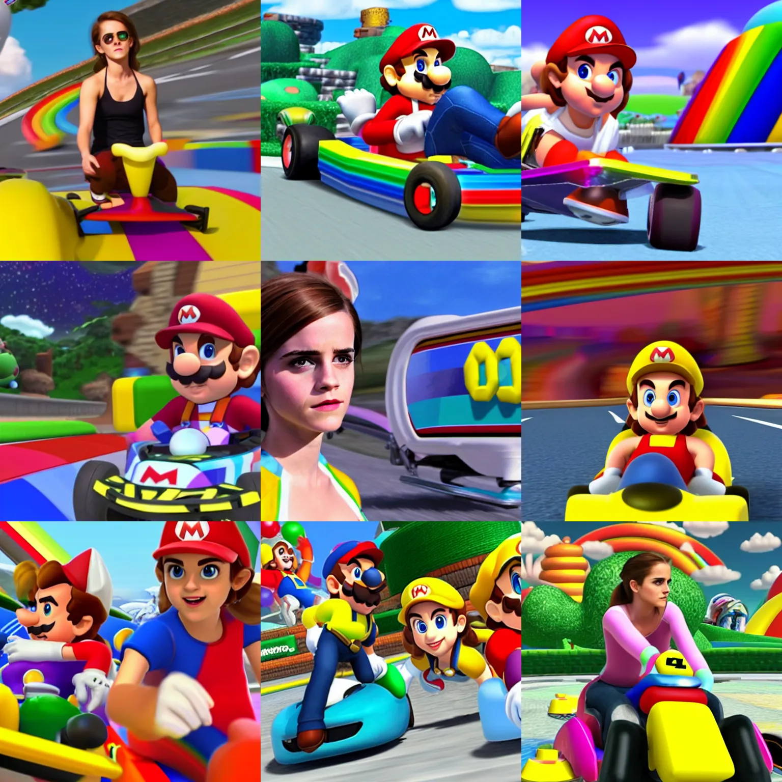 Prompt: Movie still of Emma Watson in Mario Cart Rainbow Road