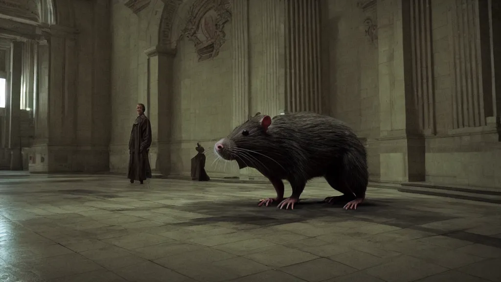 Image similar to the giant rat in city hall, made of wax and water, film still from the movie directed by Denis Villeneuve with art direction by Zdzisław Beksiński, wide lens