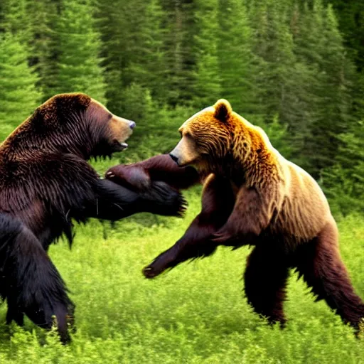 Prompt: kodiak bear fighting a ninja in a forest clearing