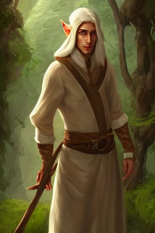 Prompt: beautiful, digital art, portrait painting of a male elf wizard, wearing linen cloth. forest background. artstation, by bartek fedyczak, erak note, tooth wu, neil richards, kan liu, siwoo kim, jisu choe