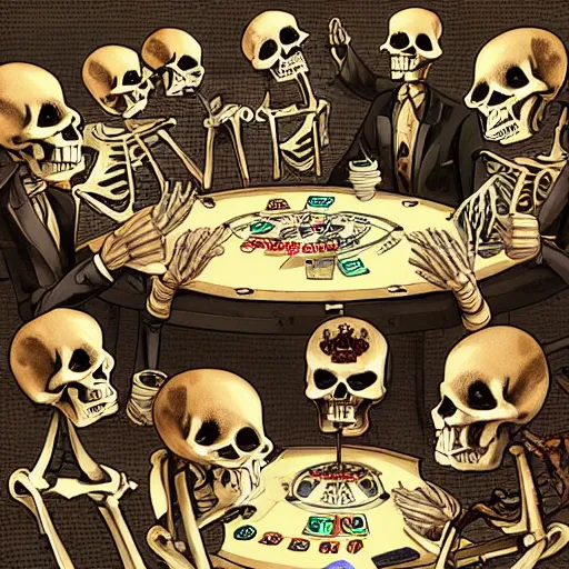 Prompt: a group mafia of skeletons playing cards, gambling, drinking alcohol and smoking around a round table, decade 20s, old film, digital fantasy art, trending in deviantart, hyperdetailed, high quality, cinematic