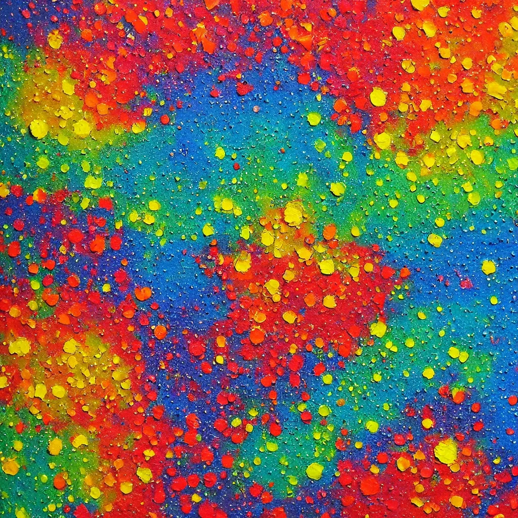 Image similar to large different coloured dots painted in 2 inch thick!!! impasto shiny dripping oil paint