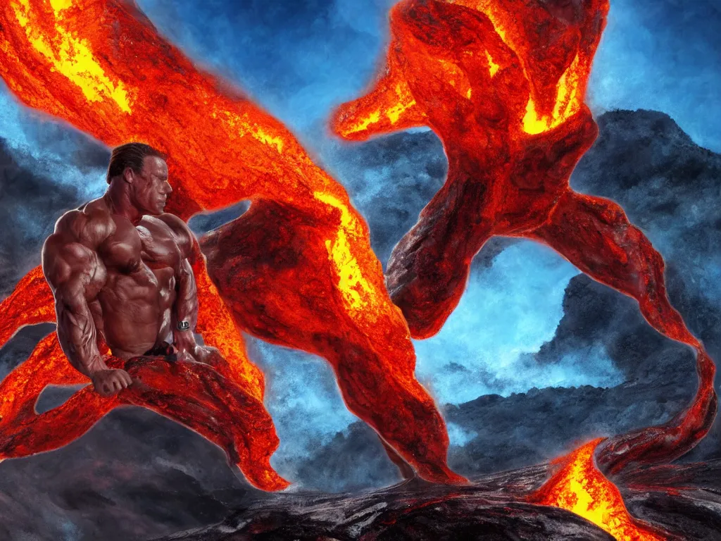 Prompt: muscular arnold schwarzenegger surfing on lava from an erupting volcano, stunning scene, 8 k, extremely detailed digital painting, depth, bright colors, trending on artstation