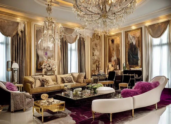 Prompt: a high end luxury living room designed by dorina costras, interior design magazine photography