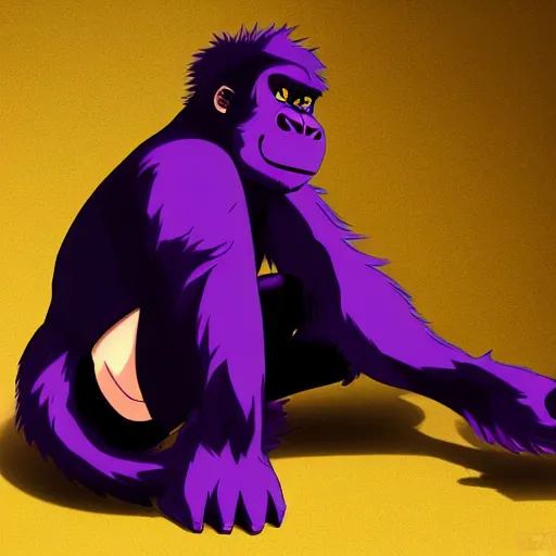 Image similar to a anime style digital art of a purple fur gorilla wearing a black suit, black pants, black shoes and a black, trending on arstation, ilya kuvshinov