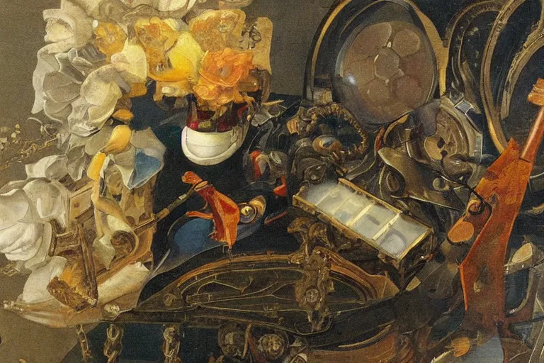 Image similar to a vanitas painting depicting an NVIDIA RTX A100 GPU, graphics card