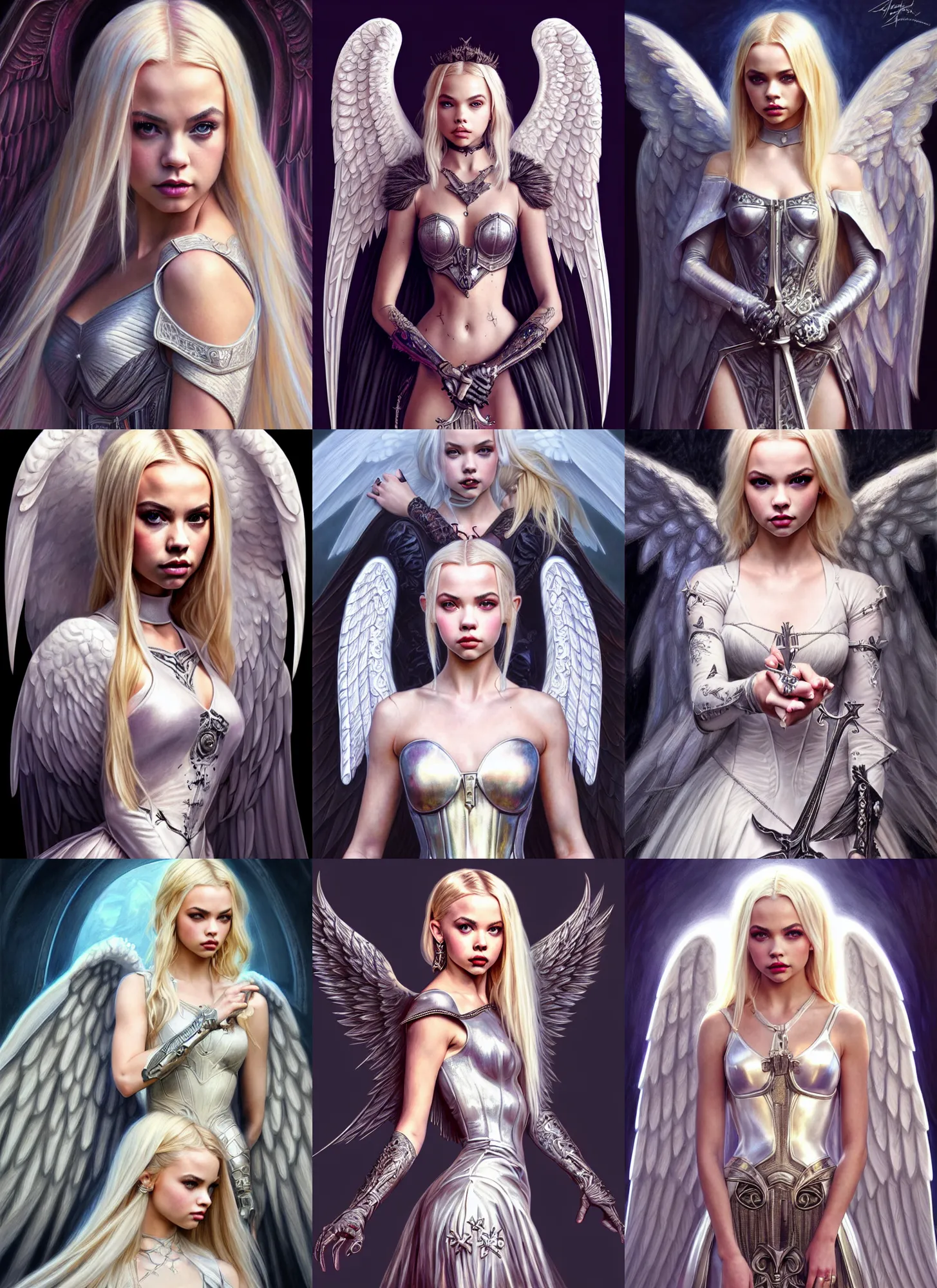 Prompt: ultra realistic illustration, a stunningly beautiful angel knight gothic girl played by jordyn jones and dove cameron and margot robbie and taylor swift and megan fox, intricate, elegant, highly detailed, digital painting, artstation, concept art, smooth, sharp focus, illustration, art by artgerm and greg rutkowski and alphonse mucha