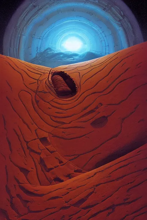 Image similar to a sandworm on arrakis, god emperor of dune by david a hardy and noriyoshi ohrai, highly detailed, cinematic composition, trending on artstation