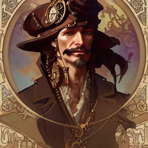 Image similar to steampunk pirate tim cook, fantasy, d & d, intricate, detailed, by by alphonse mucha, adolfo hohenstein, alice russell glenny, stanley artgerm lau, greg rutkowski, detailed, trending on artstation, trending on artstation, smooth