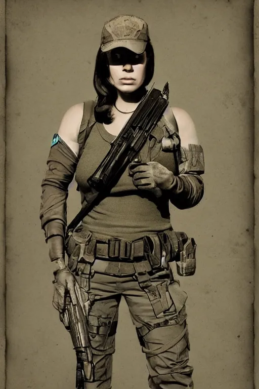 Image similar to lady jaye from g. i. joe, portrait, full body, symmetrical features, silver iodide, 1 8 8 0 photograph, sepia tone, aged paper, sergio leone, master prime lenses, cinematic