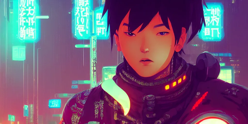 Image similar to digital illustration closeup portrait of cyberpunk samurai in city street at night by makoto shinkai, ilya kuvshinov, lois van baarle, rossdraws, basquiat | afrofuturism, in the style of hearthstone, trending on artstation | cool color scheme