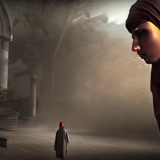 Prompt: a jinn lurking behind a muslim, digital art, realistic, unreal engine 4