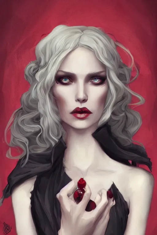 Image similar to beautiful wicked female occultist, sweeping ombre blonde hair, red eyes, portrait, high cheekbones, Victorian, black velvet dress, dark colors, magic Amulet, fantasy painting, trending in Artstation, GSociety, by Charlie Bowater, Brom, Bastien Lecouffe-Deharme