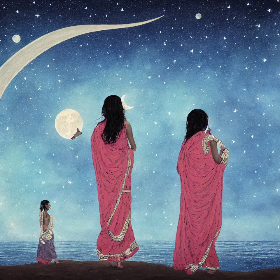 Image similar to young indian woman standing by the ocean at night with the moon above and the galaxy visible, masterful intricate artwork, high detail 8 k