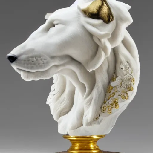 Image similar to a white marble bust of a wolf with gold filigree