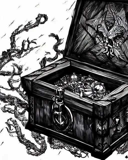 Prompt: a treasure chest, black and white, fantasy art, object art, in the style of masami kurumada, illustration, epic, fantasy, intricate, hyper detailed, artstation, concept art, smooth, sharp focus, ray tracing