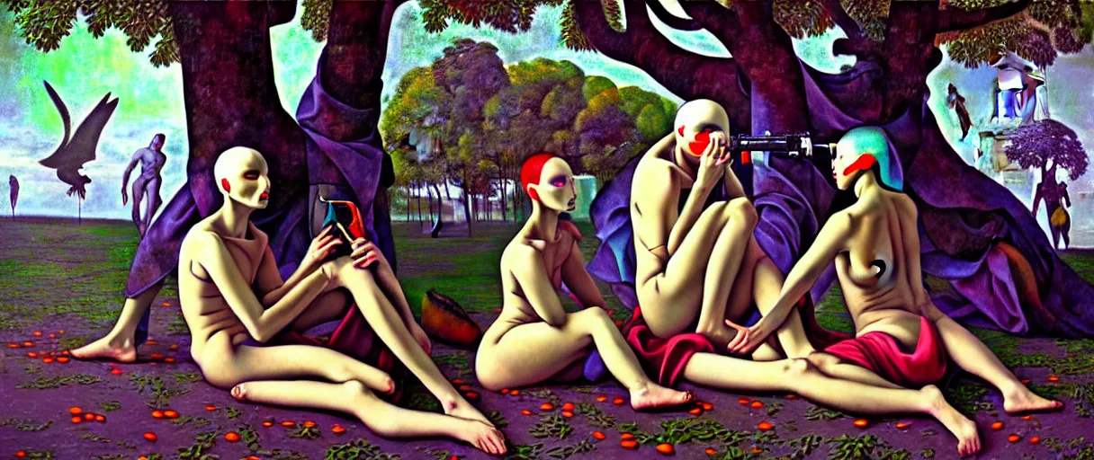 Prompt: minimalist hyperdetailed photorealistic cyborgs under a big tree, eating interesting elaborate fruits, with simple clothing. in the style of Caravaggio and Paul Gauguin, with liberty cyberpunk and flemish baroque mixed media elements. beautiful! accurate hyperrealistic soft pastel tones. matte background HD 8x