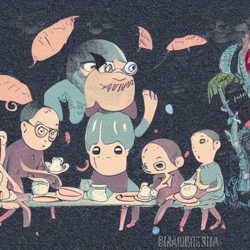 Prompt: tiny imaginary creatures having tea party inside a humans beard. in a style of hayao miyazaki.