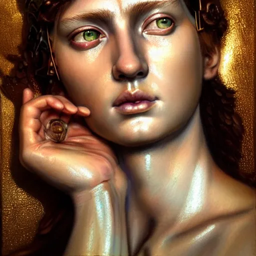 Image similar to hyperrealistic mixed media painting of beautiful goddess Athena, stunning 3d render inspired art by P. Craig Russell and Barry Windsor-Smith, perfect facial symmetry, dim volumetric lighting, 8k octane beautifully detailed render, post-processing, portrait, extremely hyper-detailed, intricate, epic composition, brown eyes, cinematic lighting, masterpiece, trending on artstation, very very detailed, masterpiece, stunning