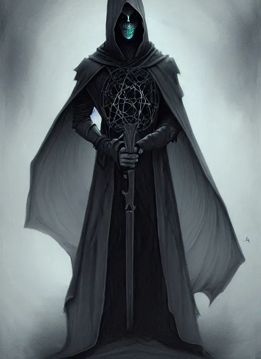 Image similar to pencil sketch of the necromancer, wearing a black cloak, by peter mohrbacher, hyper detailed, crisp