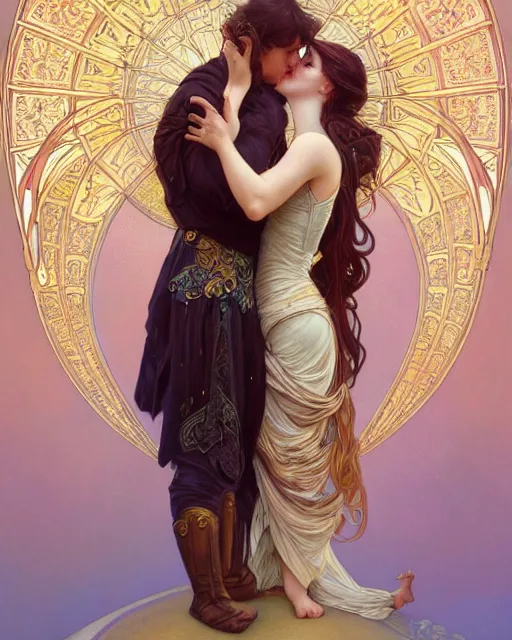 Image similar to the kiss | highly detailed | high coherence!! | very intricate | art nouveau | gold filigree | romantic storybook fantasy | soft cinematic lighting | award - winning | painted by mandy jurgens and alphonse mucha and alena aenami | pastel color palette | featured on artstation