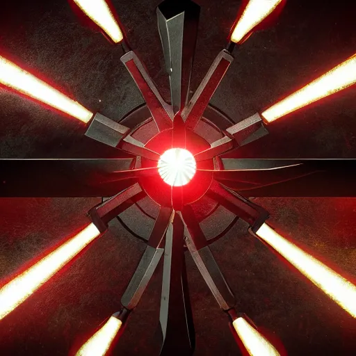 Image similar to game - icon of medieval swords crossed on a prism, red powerful fantasy epic legends, game icon stylized, digital illustration radiating, a glowing aura, global illumination, ray tracing, 8 k high definition, intricate details, octane render, unreal engine, trending on arstation