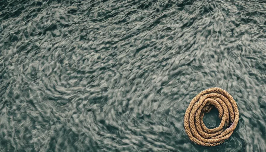 Image similar to wide shot of a bundle of rope on the surface of water, in the middle of a lake, overcast day, rocky foreground, 2 4 mm leica anamorphic lens, moody scene, stunning composition, hyper detailed, color kodak film stock